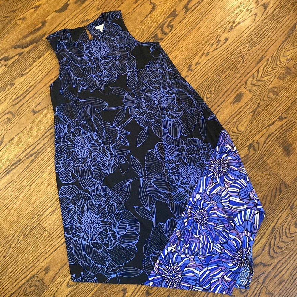 London times shift dress with asymmetrical hem. Size 12. Purple floral print.